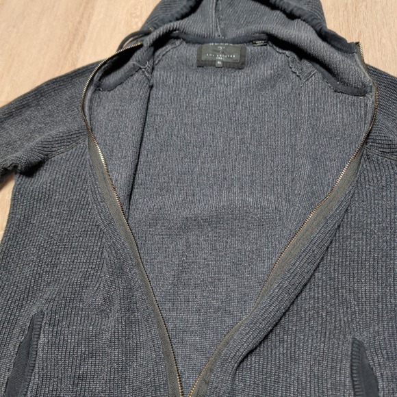 Guess Zip Up Sweater Mens XL Charcoal Grey Ribbed Knit Hooded 100% Cotton Y2K - Picture 3 of 7
